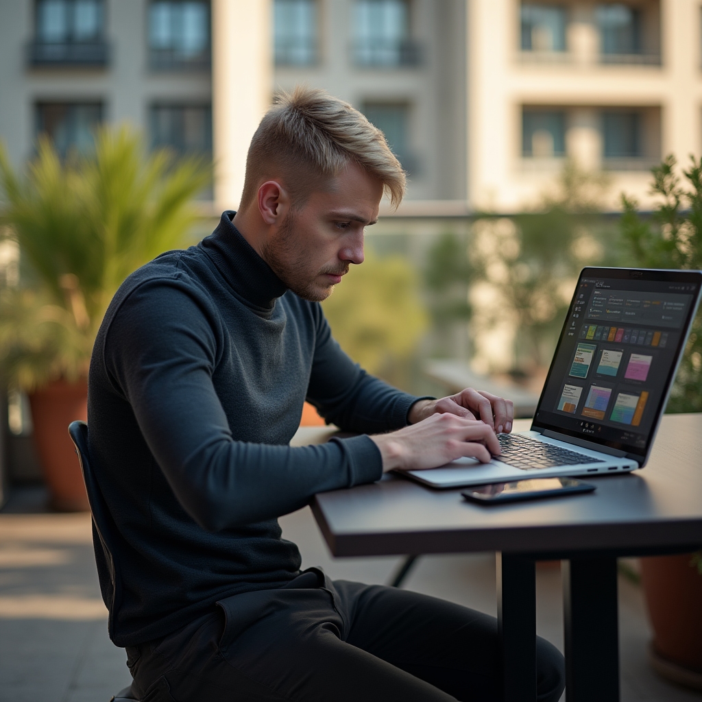 Responsabile di progetto uomo che lavora su laptop con dashboard